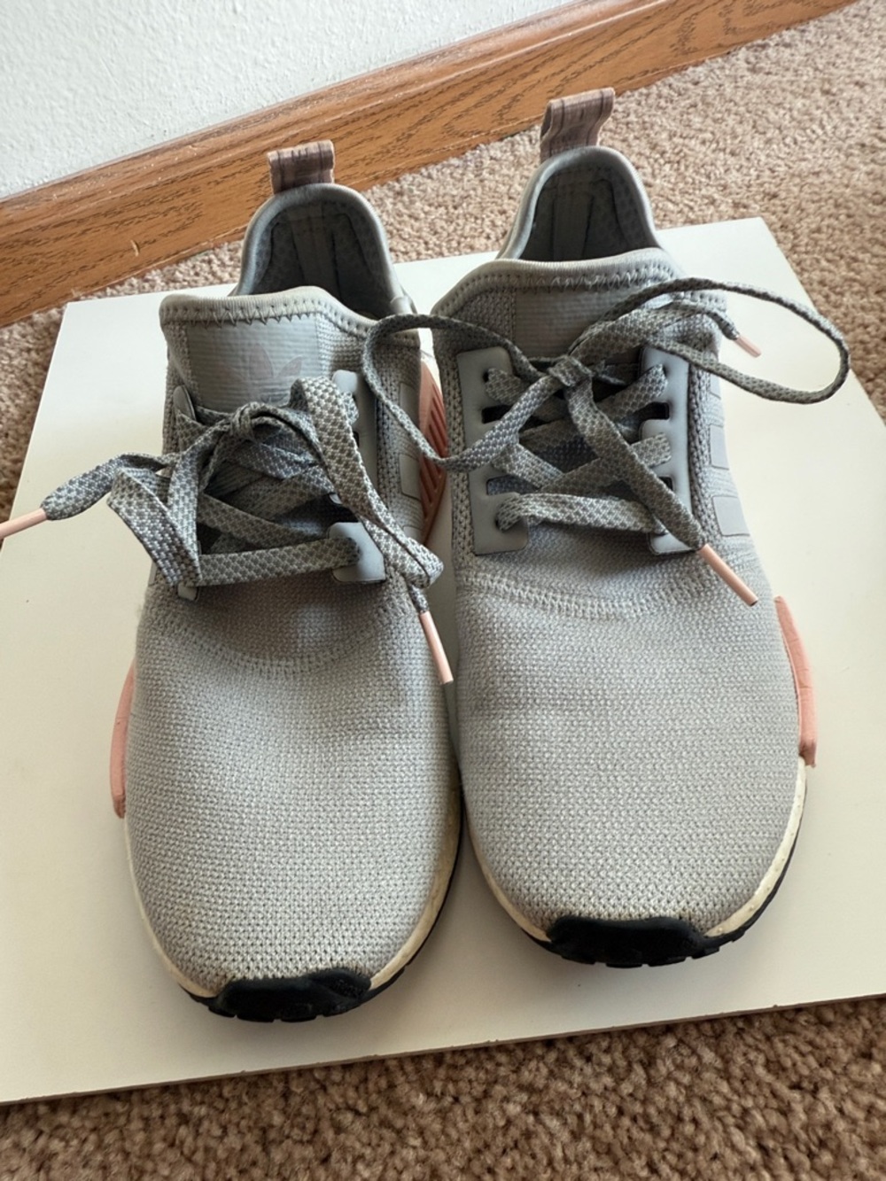 Adidas Light Gray Knit Athletic Sneakers with Blush Accents